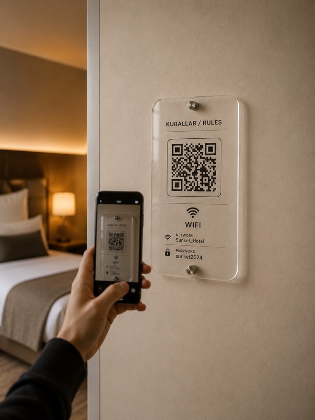 Misafir telefonuyla paneldeki QR'ı okuturken